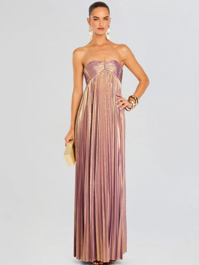 Retrofete Metallic Rose Gold Strapless Pleated Gown